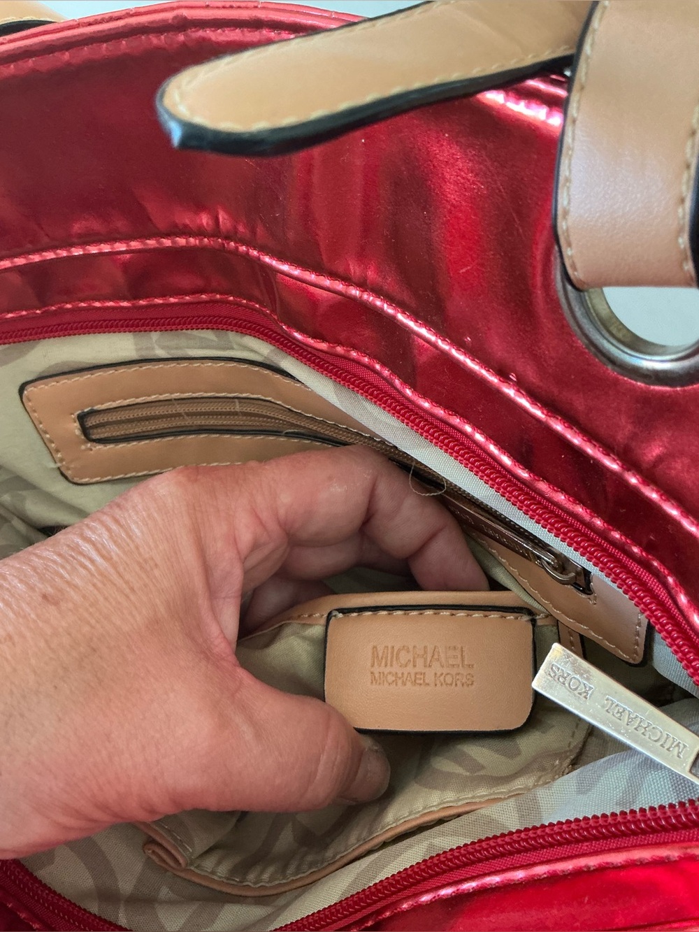 Michael Kors Jet Set Tote Coral Red Metallic MK Logo Large Shoulder Bag - Picture 7 of 12